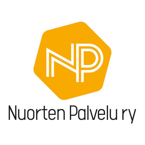 Nuorten palvelun logo, jossa yläpuolella on oranssi kuutio ja siinä kirjaimet NP ja alla teksti Nuorten Palvelu ry.