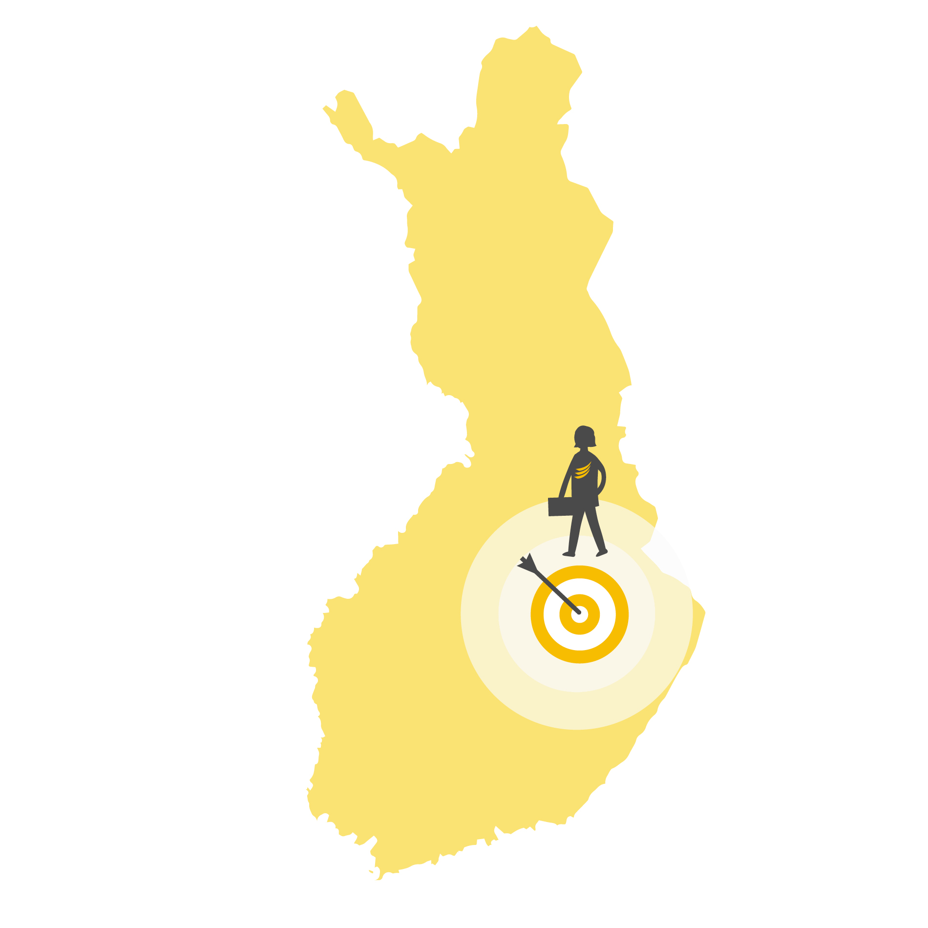 Piirroskuva, jossa on Suomen kartta ja Pohjois-Savon kohdalla nuoli ja ihminen.