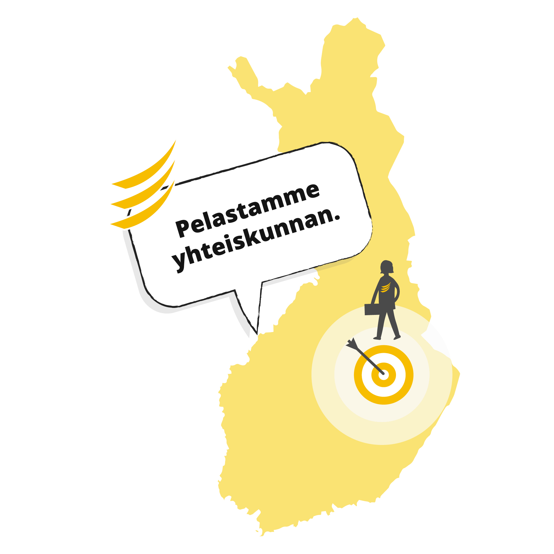 Piirroskuva, jossa on Suomen kartta ja Pohjois-Savon kohdalla nuoli ja ihminen, ja puhekuplassa on teksti "Pelastamme yhteiskunnan".