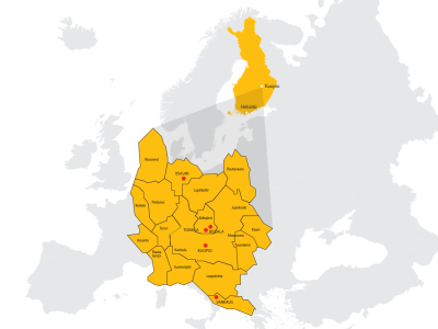 Map of Europe, where Finland is highlighted and Northern Savonia is highlighted