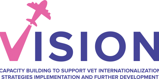 VISION on lyhenne sanoista Capacity Building to Support VET Internationalization Strategies Implementation and Further Development. Ensimmäinen kirjan on vaaleanpunainen ja vasemmasta sakarasta lähtee lentokone oikealle yläviistoon.