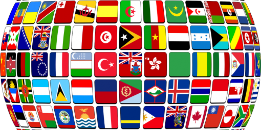 Maapallo peitettynä eri maiden lipuilla.