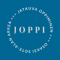 Sininen pohja jossa keskellä lukee valkealla JOPPI ja reunalla ympyrän muodossa Jatkuva oppiminen osaksi sote-alan arkea.
