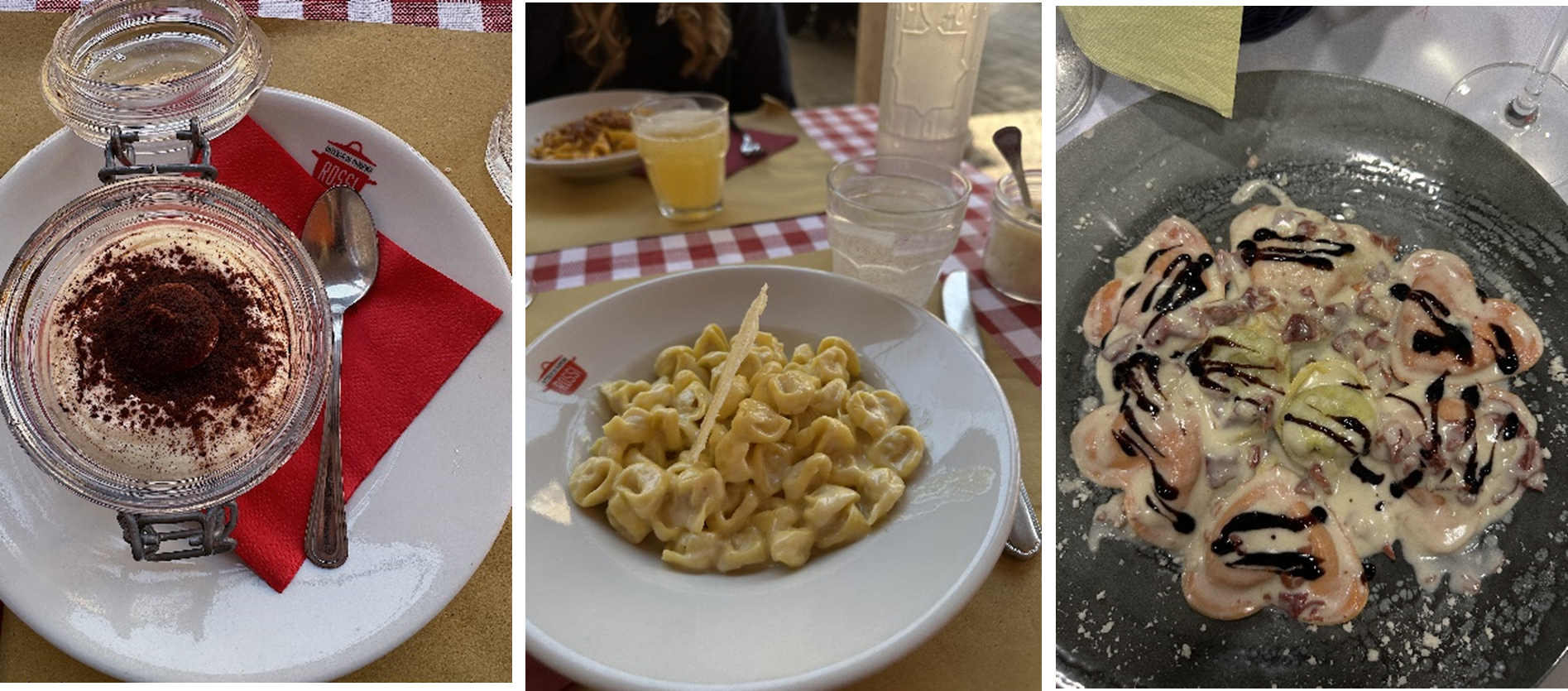 Kolme ruoka-annosta: tiramisu ja kaksi erilaista pasta-annosta.