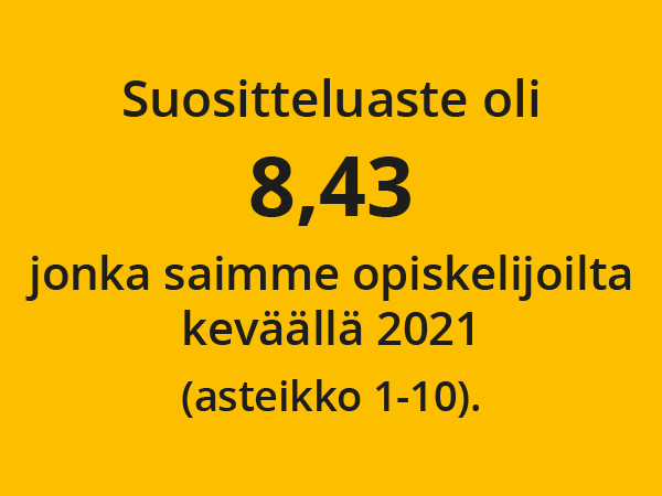 Oranssi laatikko jossa teksti "Suositteluaste oli 843 jonka saimme opiskelijoilta keväällä 2021 (asteikko 1-10).