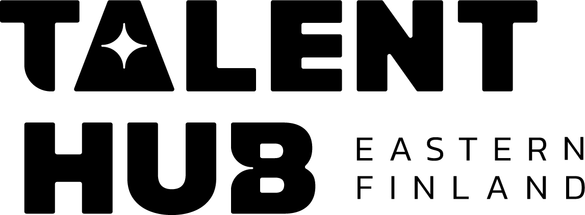 Logo jossa lukee Talent Hub Eastern Finland mustolla tikkukirjaimilla valkealla pohjalla.