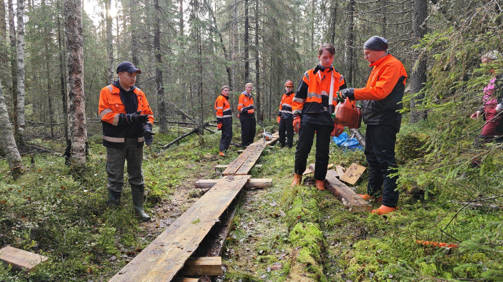 Luonnonvara opiskelijat rakentamassa pitkospuita