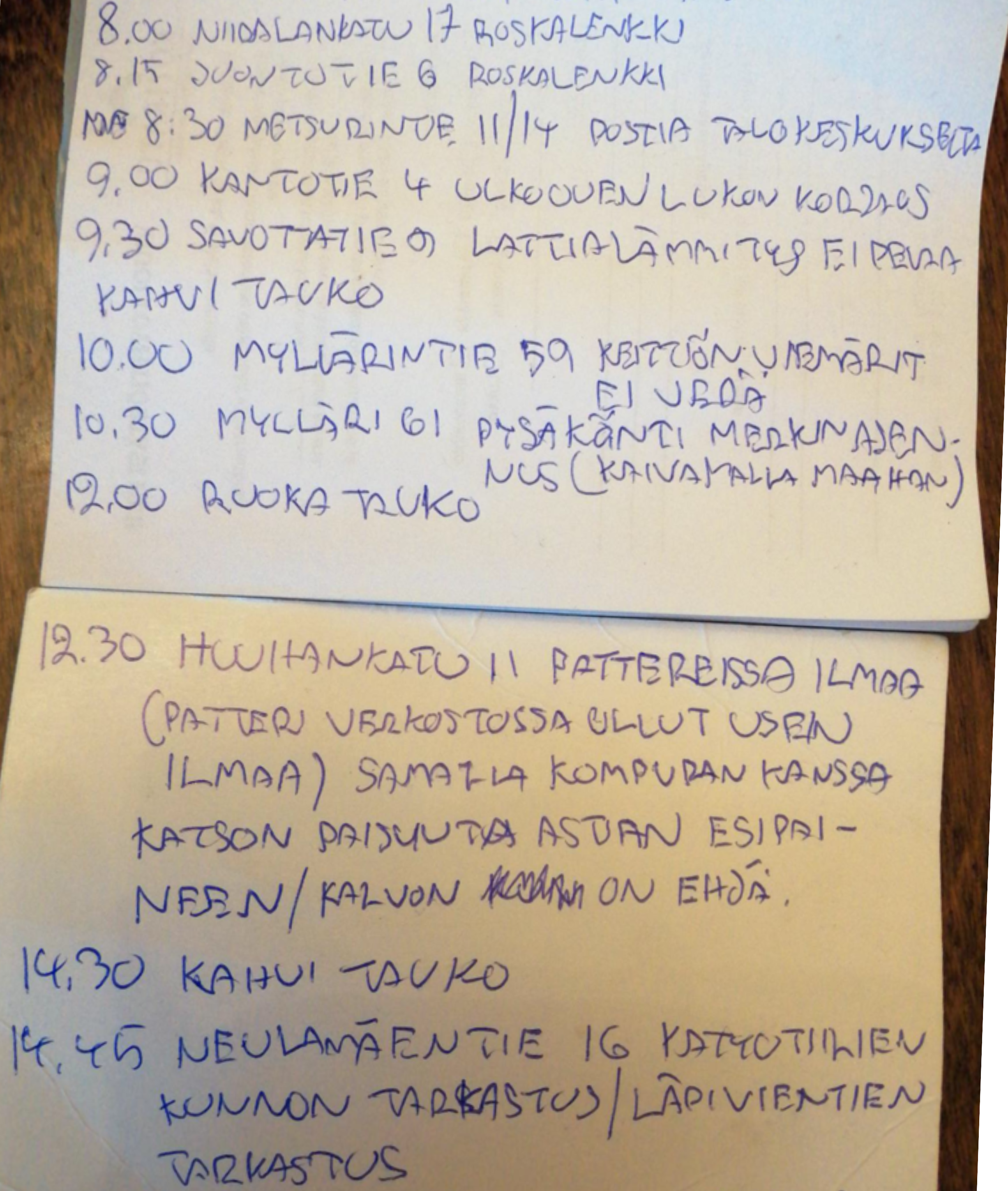 Kiinteistönhoidon opiskelijan työpäivälista työpaikalla oppisopimuksessa.