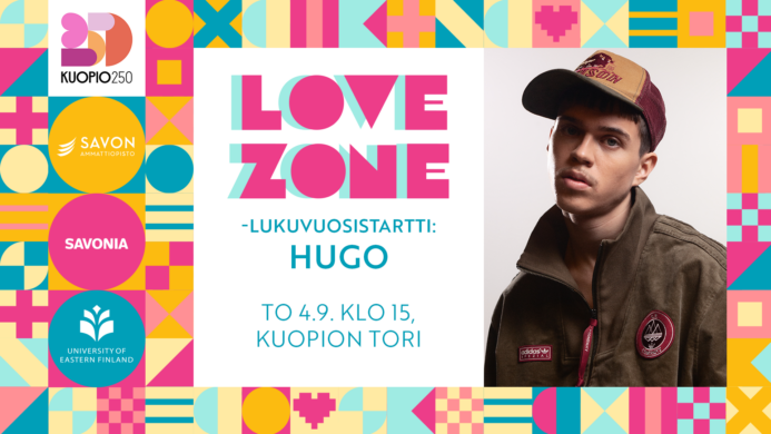 Artisti Hugo ja tapahtuman tiedot, jotka löytyvät myös tekstistä.