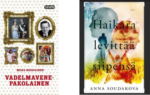 Kuvakaappaus Anna Soudakovan Haikara levittää
siipensä ja Miika Nousiaisen
Vadelmavenepakolainen kirjojen kansista.